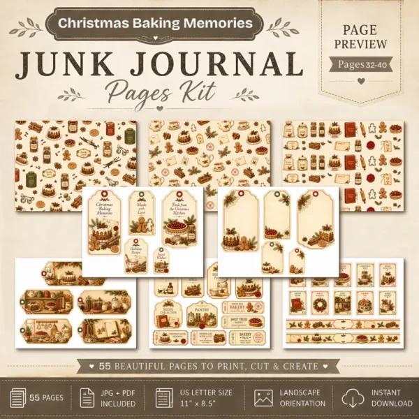 Christmas Baking Memories Junk Journal Pages - Vintage Baking Ephemera, holiday menu, Gingerbread, Cake, Festive Ephemera, Digital Download