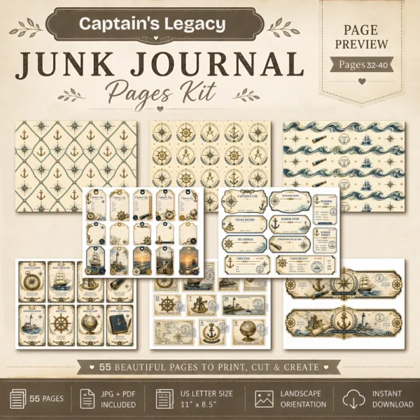 Captains Legacy Junk Journal Pages - Captains Log Ephemera, Anchors, Vintage Nautical, Classic Sea Voyages Ephemera, Digital Download