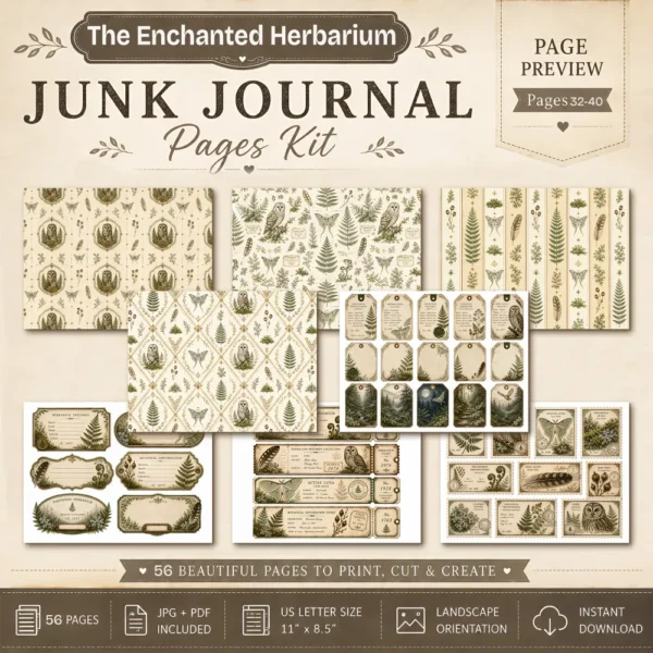 The Enchanted Herbarium Junk Journal Pages - Fernwood Herbarium Ephemera, Naturalist's Study, Woodland Nature Ephemera, Digital Download