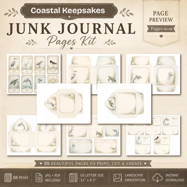 Coastal Keepsakes Junk Journal Pages - Shoreline Finds Ephemera, coastal bird, Pearls, Seashells, Ocean Life Ephemera, Digital Download