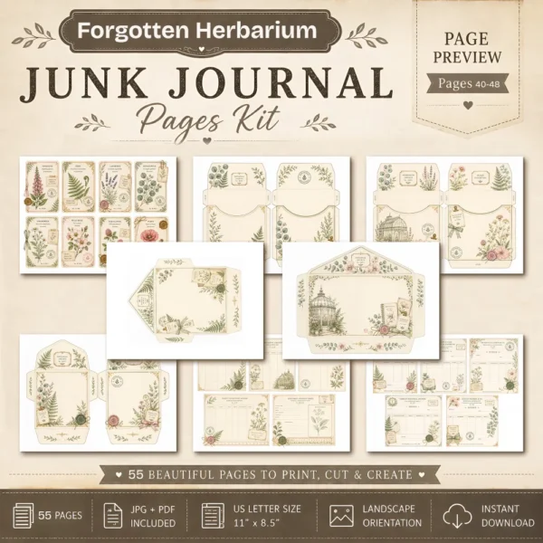 Forgotten Herbarium Junk Journal Pages - Vintage Botanical Ephemera, Nature Study, Pressed Flower, Herbal Ephemera, Digital Download