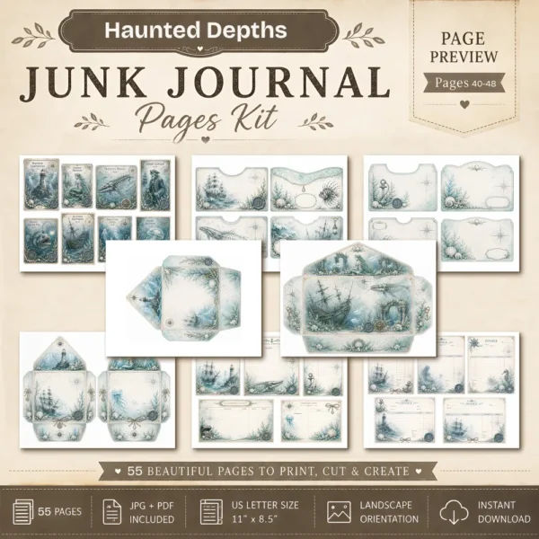 Haunted Depths Junk Journal Pages - Cursed Ocean Ephemera, Scary Sea, Deadly, Skeleton, Halloween Under the Sea Ephemera, Digital Download