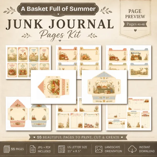A Basket Full of Summer Junk Journal Pages - Summer In The Country Ephemera, Cottagecore Garden, Farm Animals Ephemera, Digital Download