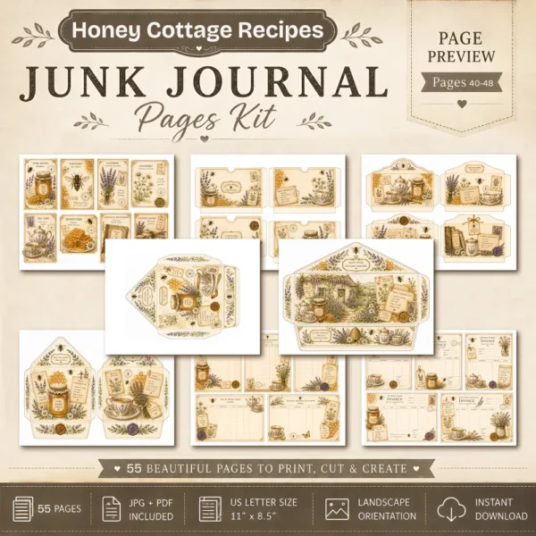 Honey Cottage Recipes Junk Journal Pages - Honey Recipe Book Ephemera, Vintage Bee and Honey, Lavender, Honeycomb Ephemera, Digital Download
