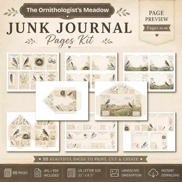 The Ornithologist's Meadow Junk Journal Pages - The Birdwatchers Ephemera, Meadowlarks and Bluebirds, Botanical Ephemera, Digital Download