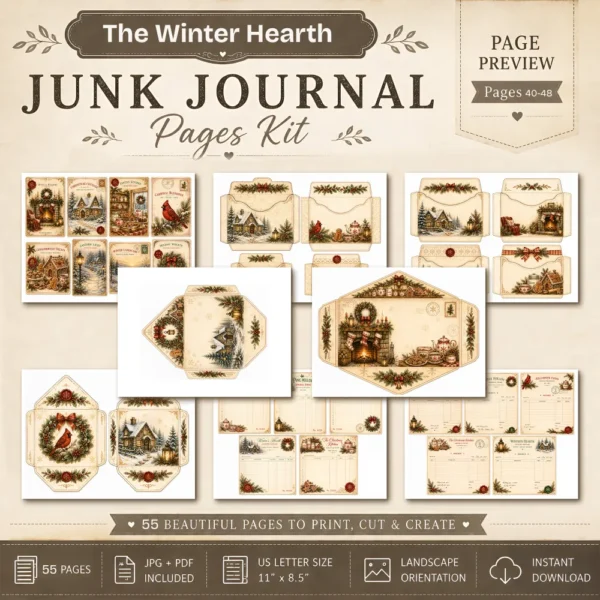 The Winter Hearth Junk Journal Pages - Cozy Winter Ephemera, Winter Retreat, Cake, Gingerbread Treats, Festive Ephemera, Digital Download