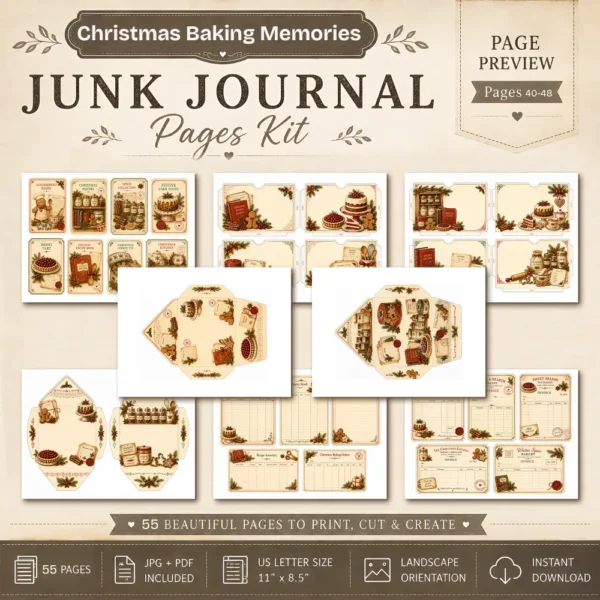 Christmas Baking Memories Junk Journal Pages - Vintage Baking Ephemera, holiday menu, Gingerbread, Cake, Festive Ephemera, Digital Download