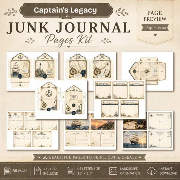 Captains Legacy Junk Journal Pages - Captains Log Ephemera, Anchors, Vintage Nautical, Classic Sea Voyages Ephemera, Digital Download