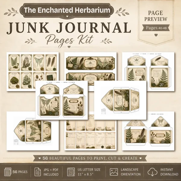 The Enchanted Herbarium Junk Journal Pages - Fernwood Herbarium Ephemera, Naturalist's Study, Woodland Nature Ephemera, Digital Download