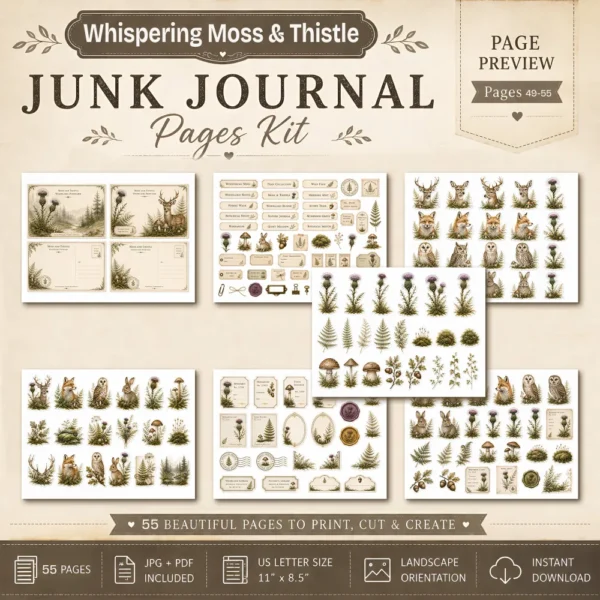 Whispering Moss & Thistle Junk Journal Pages - Woodland Nature Ephemera, Serene Forest, Fern, Mushroom, Botanical Ephemera, Digital Download