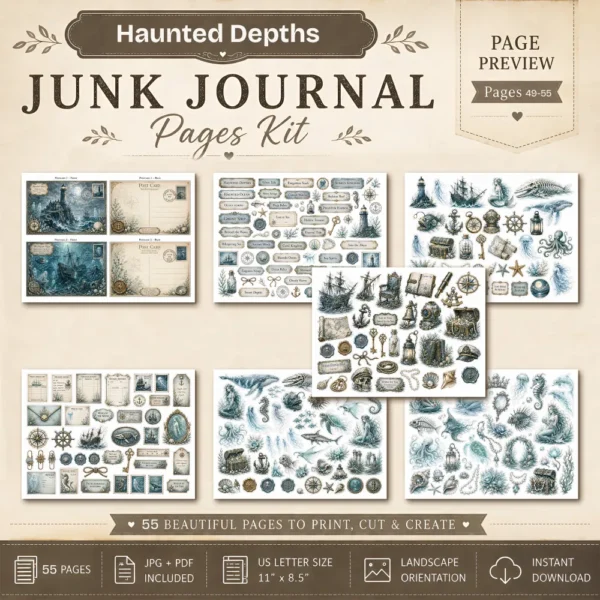 Haunted Depths Junk Journal Pages - Cursed Ocean Ephemera, Scary Sea, Deadly, Skeleton, Halloween Under the Sea Ephemera, Digital Download