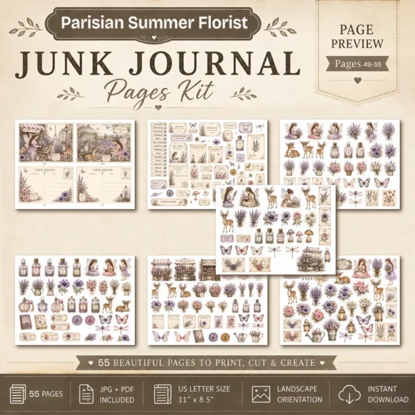 Parisian Summer Florist Junk Journal Pages - French Garden Ephemera, Vintage Floral, Flower Market, Summer Blooms Ephemera, Digital Download