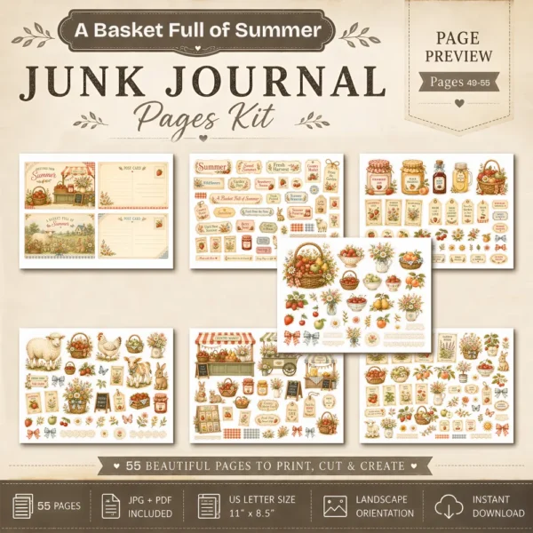 A Basket Full of Summer Junk Journal Pages - Summer In The Country Ephemera, Cottagecore Garden, Farm Animals Ephemera, Digital Download