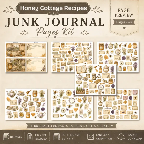 Honey Cottage Recipes Junk Journal Pages - Honey Recipe Book Ephemera, Vintage Bee and Honey, Lavender, Honeycomb Ephemera, Digital Download