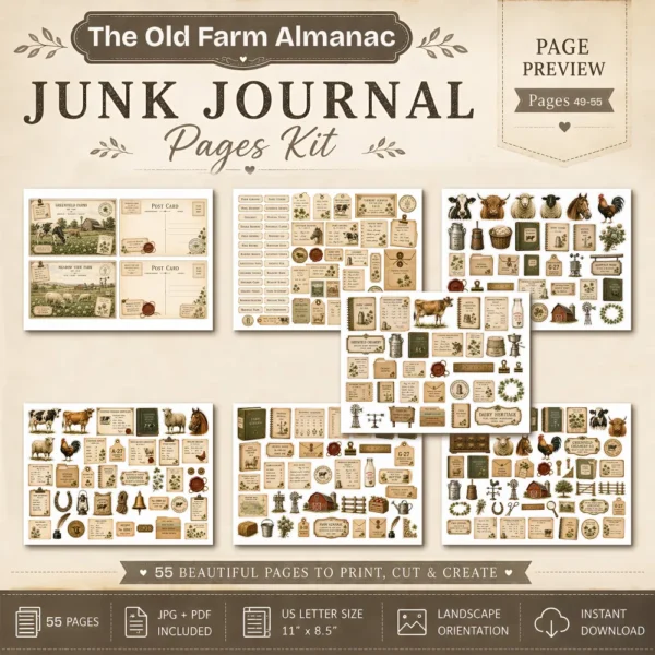 The Old Farm Almanac Junk Journal Pages - The Farm Almanac Ephemera, Country Life, Barnyard Animals, Dairy Farm Ephemera, Digital Download