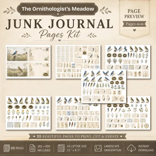 The Ornithologist's Meadow Junk Journal Pages - The Birdwatchers Ephemera, Meadowlarks and Bluebirds, Botanical Ephemera, Digital Download