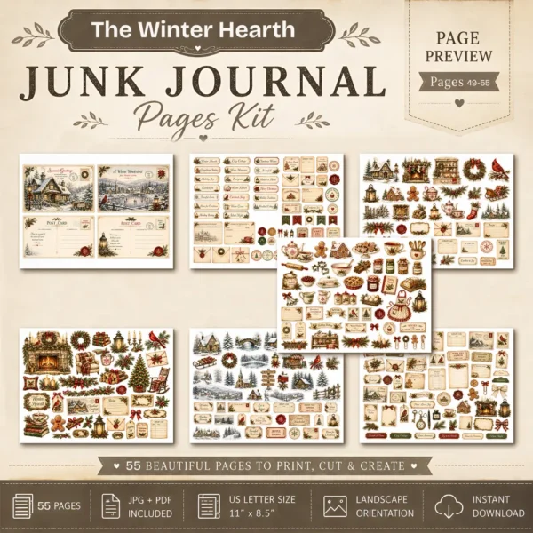 The Winter Hearth Junk Journal Pages - Cozy Winter Ephemera, Winter Retreat, Cake, Gingerbread Treats, Festive Ephemera, Digital Download