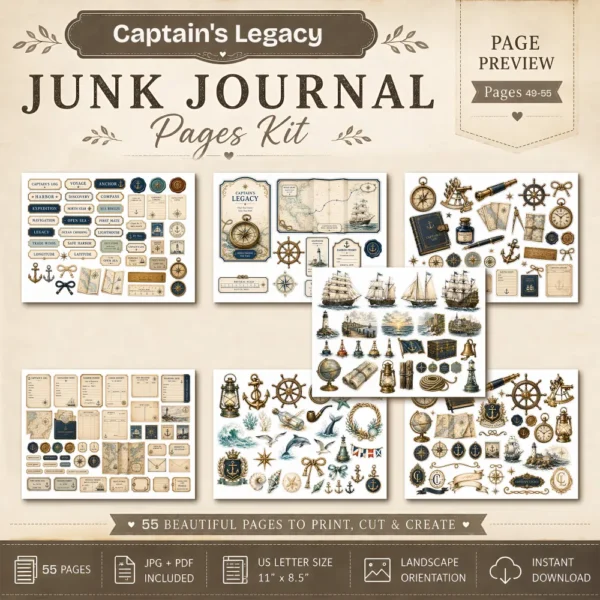 Captains Legacy Junk Journal Pages - Captains Log Ephemera, Anchors, Vintage Nautical, Classic Sea Voyages Ephemera, Digital Download