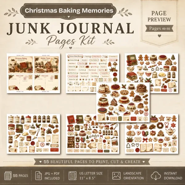 Christmas Baking Memories Junk Journal Pages - Vintage Baking Ephemera, holiday menu, Gingerbread, Cake, Festive Ephemera, Digital Download