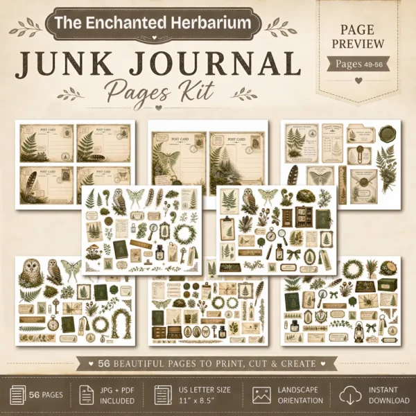 The Enchanted Herbarium Junk Journal Pages - Fernwood Herbarium Ephemera, Naturalist's Study, Woodland Nature Ephemera, Digital Download