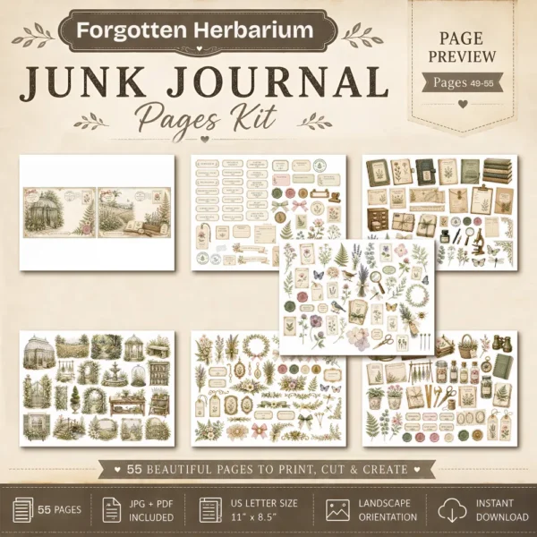 Forgotten Herbarium Junk Journal Pages - Vintage Botanical Ephemera, Nature Study, Pressed Flower, Herbal Ephemera, Digital Download