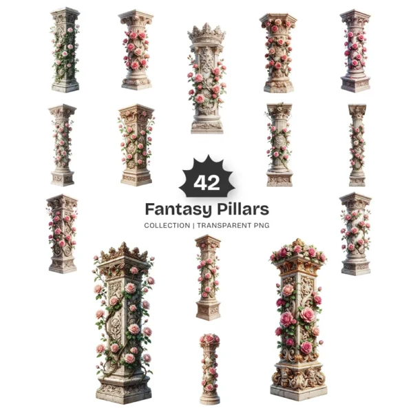 Fantasy Pillars PNG Clipart Collection - 42 PNG, Floral Column Graphics, Pink Roses, Wedding Printables, Commercial use, Digital download