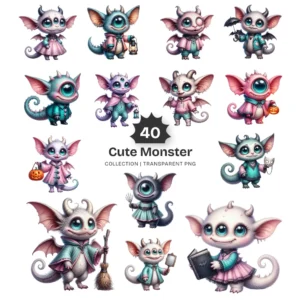 Cute Monster PNG Clipart Collection - 40 PNG, Kawaii Spooky Graphics, Trendy Halloween Printables, Commercial use, Digital download