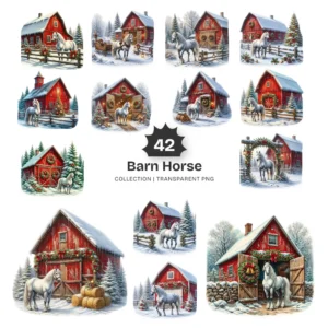 Winter Red Barn PNG Clipart Collection - 42 PNG, White Horse Graphics, Christmas Decoration Printables, Commercial use, Digital download