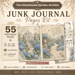 Glasshouse Garden Archive Junk Journal Kit - Hydrangea Conservatory Ephemera, Garden Maps, Tags, Vintage Garden Ephemera, Digital Download