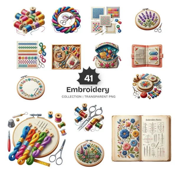 Embroidery PNG Clipart Collection - 41 PNG, Needlework Graphics, Embroidery Essentials, Thread Printables, Commercial use, Digital download