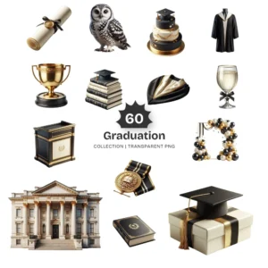 Graduation PNG Clipart Collection - 60 PNG, Graduation Caps Graphics, Diplomas, Trophy, Medal Printables, Commercial use, Digital download