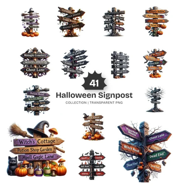 Halloween Signpost PNG Clipart Collection - 41 PNG, Wooden Directional Signs Graphics, Spooky Printables, Commercial use, Digital download