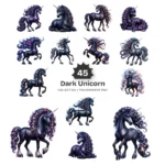 Dark Unicorn PNG Clipart Collection - 45 PNG, Mystical Gothic Graphics, Majestic Art, Celestial Printables, Commercial use, Digital download