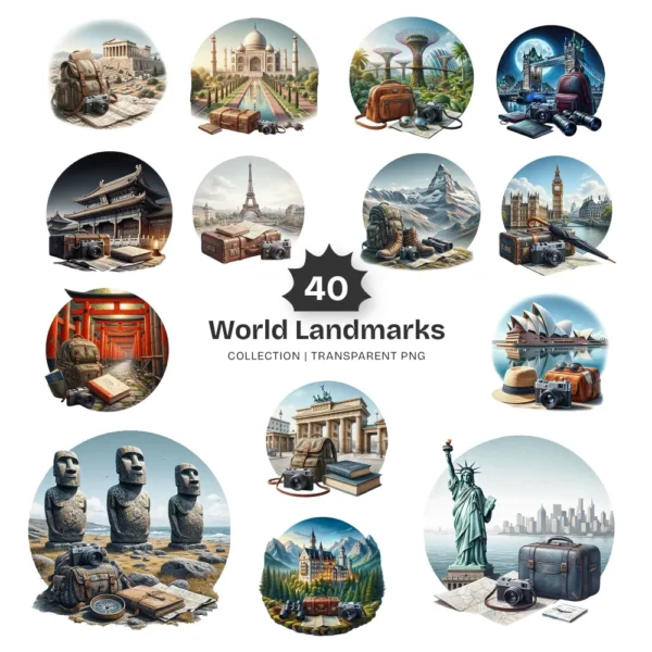 World Landmarks PNG Clipart Collection - 40 PNG, Travel Graphics, Around the World Printables, Commercial use, Digital download