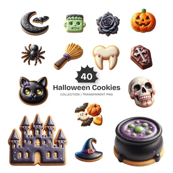 Halloween Cookies PNG Clipart Collection - 40 PNG, Spooky Treat Graphics, Sweetly Spooky, Party Printables, Commercial use, Digital download