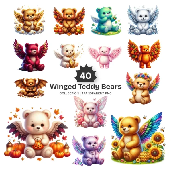 Winged Teddy Bears PNG Clipart Collection - 40 PNG, Whimsical Graphics, Fantasy Bear Printable, Commercial use, Digital download
