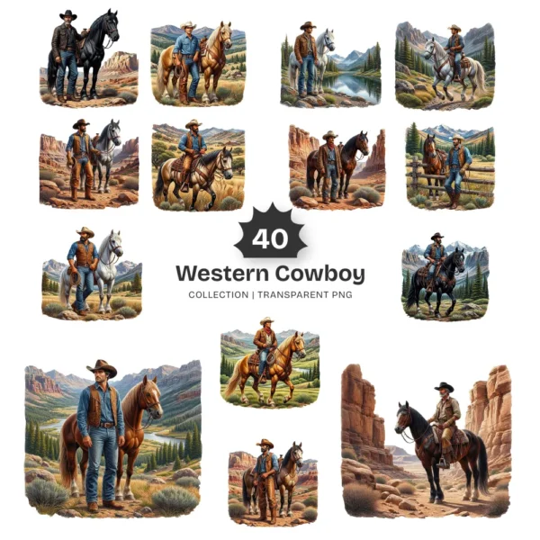 Western Cowboy PNG Clipart Collection - 40 PNG, Horse Rider Graphics, Western Man, Wild West Printables, Commercial use, Digital download