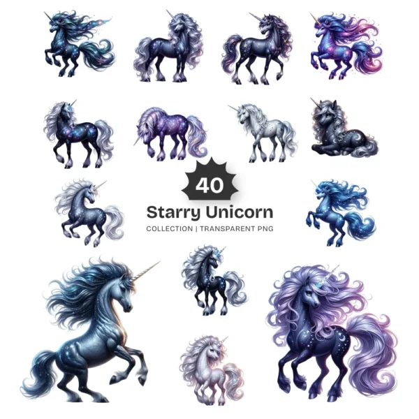 Starry Unicorn PNG Clipart Collection - 40 PNG, Fantasy Creature Graphics, Sparkling Animal Printables, Commercial use, Digital download