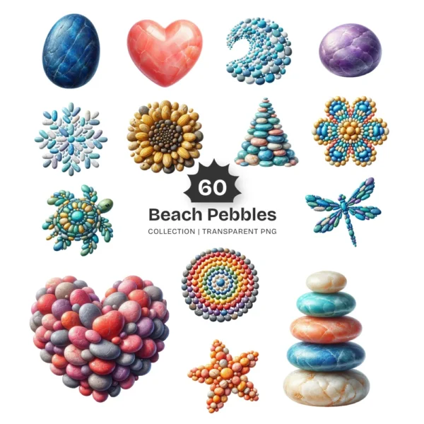 Beach Pebbles PNG Clipart Collection - 60 PNG, Coastal Stone Graphics, Beach Rock, Seashore Printables, Commercial use, Digital download