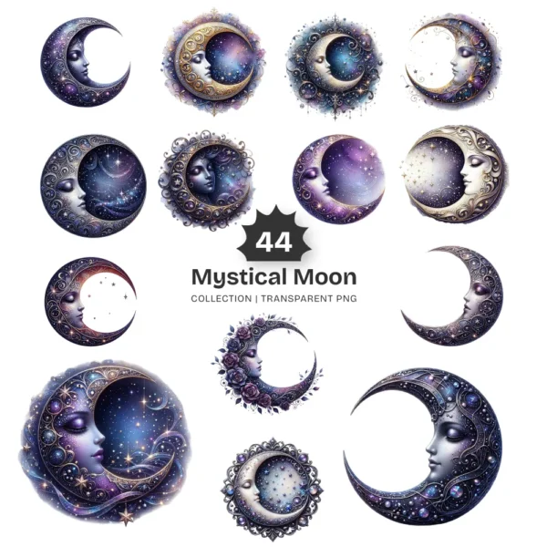 Mystical Moon PNG Clipart Collection - 44 PNG, Celestial Graphics, Fantasy Night Sky, Astrology Printables, Commercial use, Digital download
