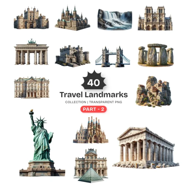 Travel Landmarks (P-2) PNG Clipart Collection - 40 PNG, World Monuments Graphics, Famous Places Printables, Commercial use, Digital download