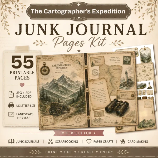 The Cartographers Expedition Junk Journal Pages - The Explorers Field Notes Ephemera, Vintage Adventure Ephemera, Digital Download