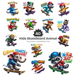 Kids Skateboard Animal PNG Clipart Collection - 40 PNG, Extreme Sports Graphics, Retro Printables, Commercial use, Digital download