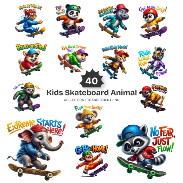 Kids Skateboard Animal PNG Clipart Collection - 40 PNG, Extreme Sports Graphics, Retro Printables, Commercial use, Digital download