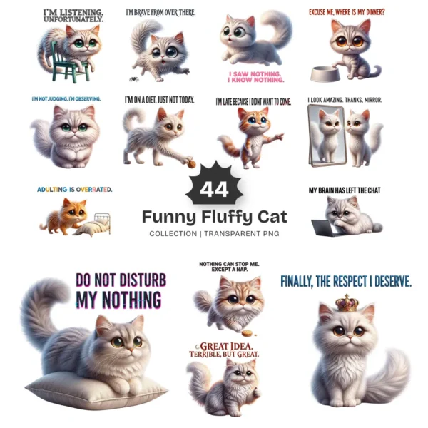 Funny Fluffy Cat PNG Clipart Collection - 44 PNG, Sarcastic Quote Graphics, Cat Moms Printables, Commercial use, Digital download