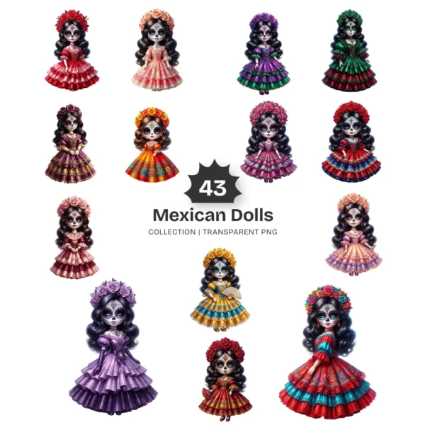 Mexican Dolls La Catrina PNG Clipart Collection - 43 PNG, Sugar Skull Graphics, Día de los Muertos Printable, Commercial use, Digital Download