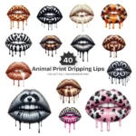Animal Print Dripping Lips PNG Clipart Collection - 40 PNG, Leopard, Tiger, Cow Graphics, Kiss Printable, Commercial use, Digital Download