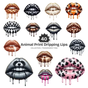 Animal Print Dripping Lips PNG Clipart Collection - 40 PNG, Leopard, Tiger, Cow Graphics, Kiss Printable, Commercial use, Digital Download