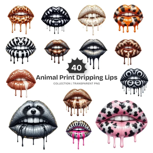 Animal Print Dripping Lips PNG Clipart Collection - 40 PNG, Leopard, Tiger, Cow Graphics, Kiss Printable, Commercial use, Digital Download