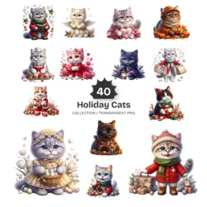 Holiday Cats PNG Clipart Collection - 40 PNG, Festive Animal Graphics, Christmas Printable, Commercial use, Digital Download